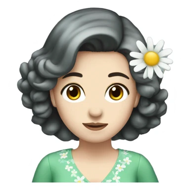  I need to have a woman emoji, dark hair and eyes, pale skin. Wearing a V-LINE dress in green/blue with daisies.  sticker