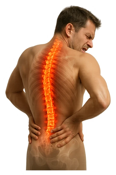 uomo con spina dorsale anatomica visibile che si massaggia la schiena perché gli fa male, iperrealistico 4k sticker