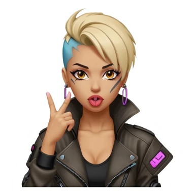 Woman with her tongue out in cyberpunk clothing and giving the middle finger. Looking naughty. sticker