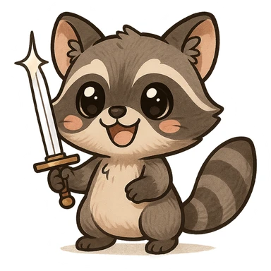 smiling manga raccoon with a shiny sword, chibi style, big eyes, cute expression sticker
