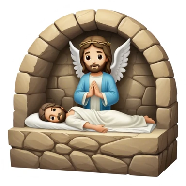 cave tomb with stone rolled to the side, Jesus’ empty tomb with angel inside  sticker