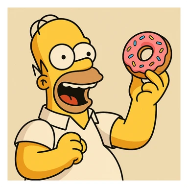 Homer Simpson excited with a donut, animated style, vibrant colors, minimal background sticker