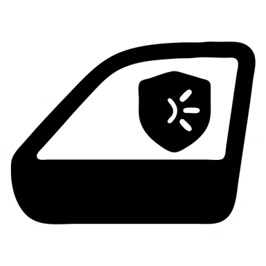 solid icon of luxury car side window, dark black with gray gradient, small shield or blocked sunbeam, subtle shading, minimal and elegant sticker