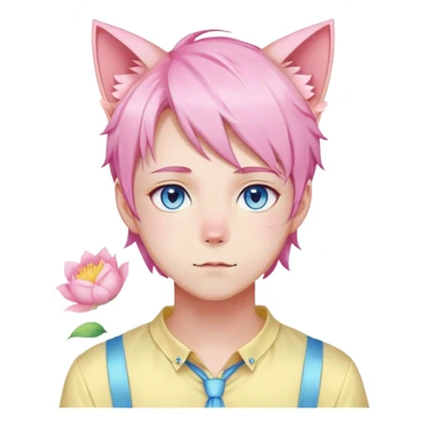 Pastel effeminate young femboy man with pastel pink shiny hair, pink cat ears, pastel yellow blouse, blue eyes, cute, gorgeous, anime, catboy, romantic, beautiful, flowers, aesthetic sticker