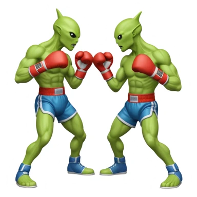 two aliens boxing in a fight stance, facing each other with raised gloves, dynamic action pose, intense expressions, sci-fi arena vibe, 3D cartoon style, mobile game icon style, clean background, no text, no watermark
 sticker