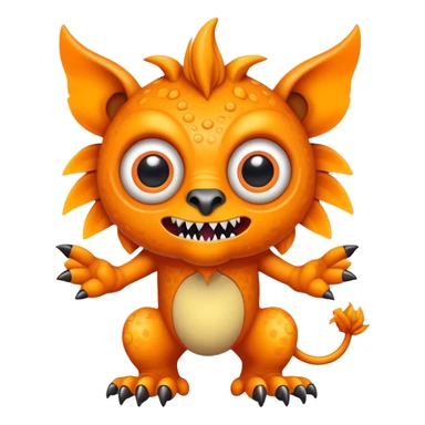 An orange creature with a lion face with fangs, alien googly eyes, claws, wings, with white dots. sticker
