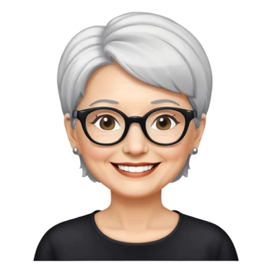 bà lão 60 tuổi, da trắng, tóc ngắn màu bạc, đeo kính màu đen, mặt cười tươi sticker