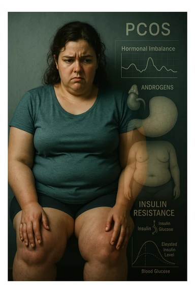 cinematic realistic in italiano Woman with PCOS struggling with hormonal chaos, transparent overlay showing elevated androgens and insulin resistance affecting her body, lipedema causing disproportionate fat accumulation in legs and arms despite normal torso, expression of frustration with unexplained weight gain, medical charts showing complex endocrine dysfunction, painful swollen limbs contrasting with metabolic confusion scrivi in italiano sticker