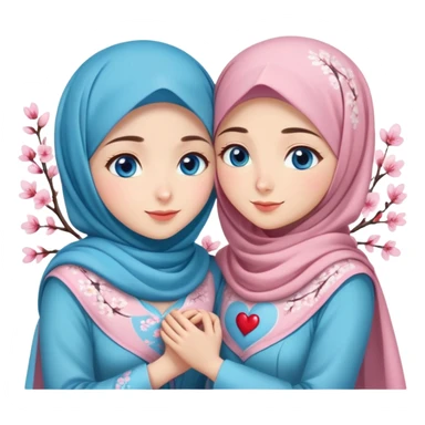 Two friendly Turkish girls beautiful finish Konya blue eyes with cherry blossom hijab and heart dress and hugs  sticker