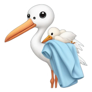  white stork carrying a light blue bundle of cloth in its beak that has a human baby with dark hair and the baby face is peeking out from the cloths bundle the strok is carrying with its beak sticker