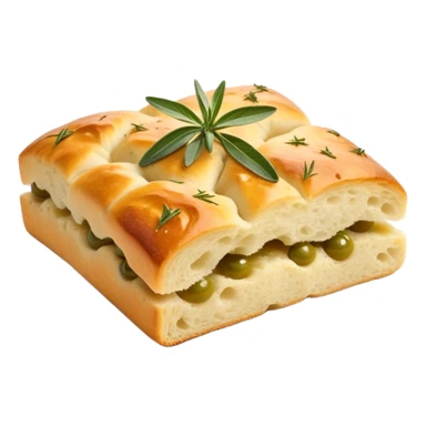 Cinematic Realistic Focaccia Bread Dish Emoji, depicted as a golden, olive oil brushed flatbread sprinkled with herbs rendered with lifelike texture and soft, appetizing lighting. sticker