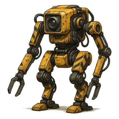 worker drone, industrial robot, yellow and black hazard stripes, mechanical arms, utilitarian design sticker