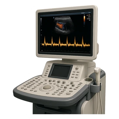 ultrasound machine with doppler waveform on screen, clinical environment, realistic details sticker