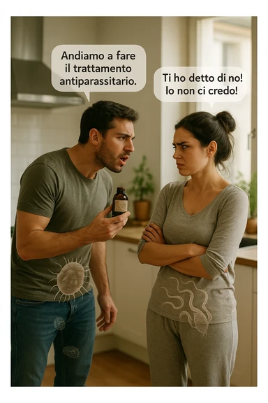A highly realistic, cinematic photo of a young couple in their early 30s having an argument in a bright modern kitchen. The man, athletic build, wearing a casual T-shirt and jeans, is speaking firmly with a raised hand holding a small amber glass bottle labeled with a subtle herbal symbol, saying 'Andiamo a fare il trattamento antiparassitario' with a determined expression. The woman, with long dark hair tied in a messy bun, casual home outfit, crosses her arms with an angry, defensive expression, replying 'Ti ho detto di no! Io non ci credo!' while slightly turning away. Tension is visible in their body language, with the man leaning forward trying to explain and the woman leaning back, her eyebrows furrowed. Around them, subtle ghostly overlays of microscopic parasites are faintly visible near their abdominal areas, symbolizing the hidden reason for the argument. The kitchen is bright and modern with plants and natural light, contrasting the emotional tension. The style is hyperrealistic with warm tones and shallow depth of field focusing on their facial expressions, illustrating the conflict between belief in natural treatments and skepticism within the couple regarding hidden parasitic infections. in italiano sticker