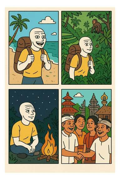 Create a wojak-style comic book with four panels, telling the story of a bali nomad's adventure sticker