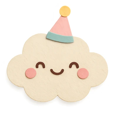 kawaii cute cloud, wearing tiny party hat, smiling, soft pastel colors, no limbs, full body, paper craft style sticker