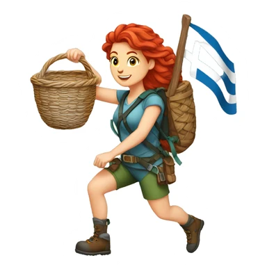Female mountaineer red hair climbing with Easter eggsbasket and Greek flag sticker