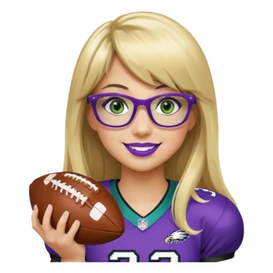 long blonde hair with bangs black rectangle glasses female green eyes football player wearing eagles uniform jersey number 33 holding football smiling purple lipstick sticker