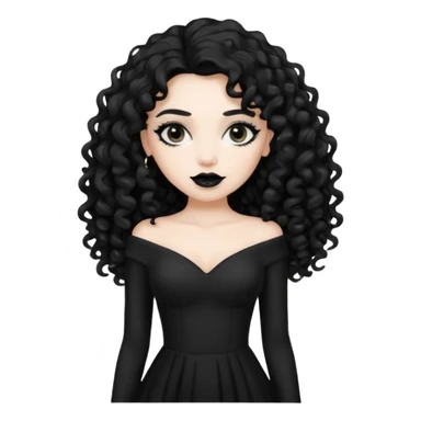 long black curly hair with white skin black dress and black lipstick sticker