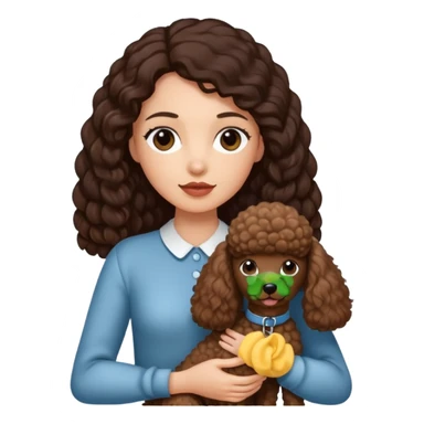 woman with long dark brown hair holding a poodle sticker