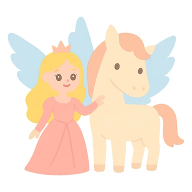 Barbie flying horse princess, Barbie princess standing side by side with flying horse, pink long dress, flying horse with wings, fairy tale illustration style sticker