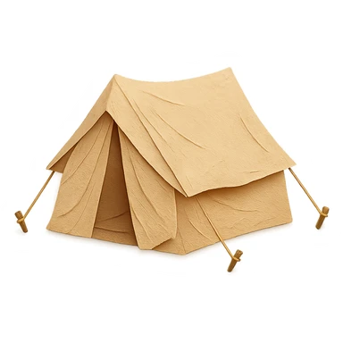 beige camping tent, paper craft style, fine paper edges, highly detailed fabric folds, tent stakes and ropes visible sticker