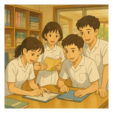 scène d'équipe de quatre étudiants infirmiers, inspirés des photos, travaillant ensemble dans un poste de soin, style Ghibli, uniformes blancs, manches courtes, col en V, poche poitrine à gauche, pas de col classique, ni stéthoscopes, ni tissus sous les manches, interaction et collaboration visibles sticker