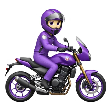 Créer un emoji avec une moto mt07 sport noir mate / violet iridescent très foncé, pare-brise de la moto violet. Avec une pilote dessus, visage masqué par la visière violette . Avec en arrière plan cercle violet. sticker