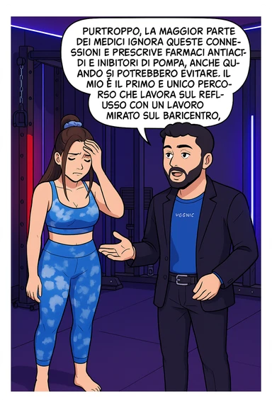 TRASFORMA QUESTO CAROSELLO IN UN FUMETTO STILE WEBTOON/MANGA A COLORI CON QUESTE DUE PERSONE IDENTICHE CHE INTERLOQUISCONO TRA LORO, L'uomo sta spiegando alla donna questo concetto MENTRE LA DONNA SI TIENE la mano sulla fronte sconcertata:

LUI (UOMO): Purtroppo, la maggior parte dei medici ignora queste connessioni e prescrive farmaci antiacidi e inibitori di pompa, anche quando si potrebbero evitare.
Il mio è il primo e unico percorso che lavora sul reflusso con un lavoro mirato sul baricentro; sticker