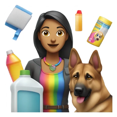 Indian woman with an excessive amount of cleaning supplies and German shepherd with rainbow collar sticker