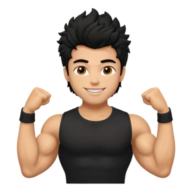 a pretty bratz guy with black hair with big muscles and shaggy hair in a tight black tee smiling sticker