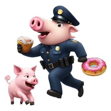 A pig cop eating a doughnut getting chased by a wolf sticker