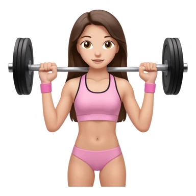 white happy brunette teen long hair with hazel eyes in light pink workout clothes holding a barbell  sticker