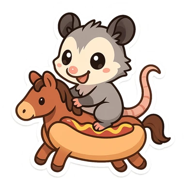 cute cartoon possum riding a hot dog like a horse, sticker-like style sticker