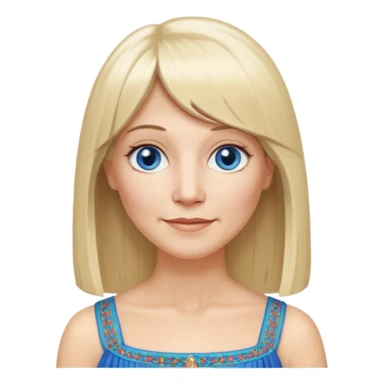 50 yr old white woman, hippie parted very long hair, short bangs, very long straight blond hair, oval face, small smile, blue eyes, thin face, hair downback, hair parted at center of head, round cheeks, pale, longer hair, white evening dress sticker