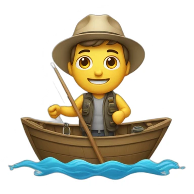 Man on a boat with a fishing rod and a large hook sticker