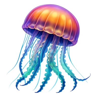 A jellyfish in multicolored hues drifts through the sea, glowing like a living rainbow sticker