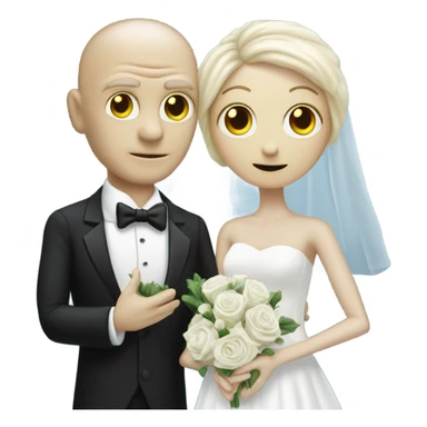 White humman man in a tuxedo, Alien reprilian woman in wedding dress, and one , hands getting married sticker