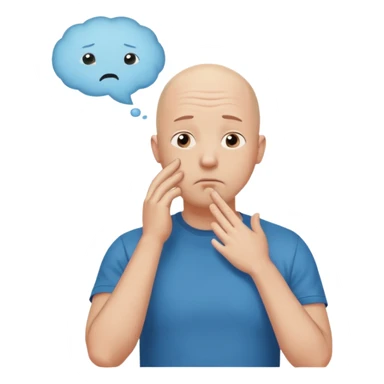 bald man with t-shirt, doubting face, hand on chin looking up, thought bubble sticker