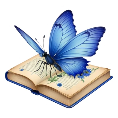 A vintage book with a worn blue cover, open to reveal pressed blue cornflowers and a resting green butterfly. sticker