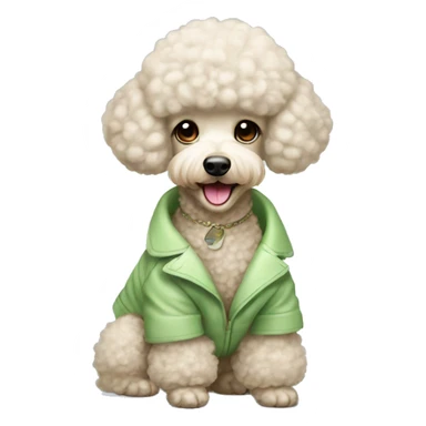 Happy Beige mini poodle with asian haircut in light green coat with white fur sticker