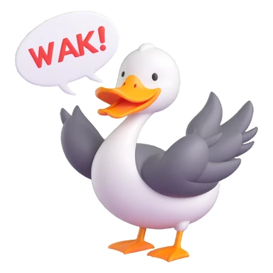 A cartoon-style duck with its beak open, inside a speech bubble it shouts “WAK!” in bold comic-style letters. Fun and expressive, white background sticker