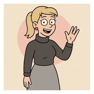 Women Medium Blonde median ponytail hair pink circle earrings Charcoal Athens Merino Wool Roll Neck Jumper Grace skirt a hand say hello sticker