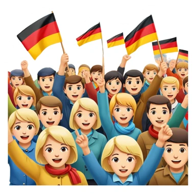 West German protest scene with people holding colorful protest signs, BRD flag, lively mood, 1960s sticker
