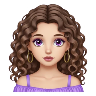 cute girl with not volominous VERY LONG curly/wavy brunette hair with balayage, brown eyes, full lips, cute makeup and hoop earrings white girl with lillactop sticker