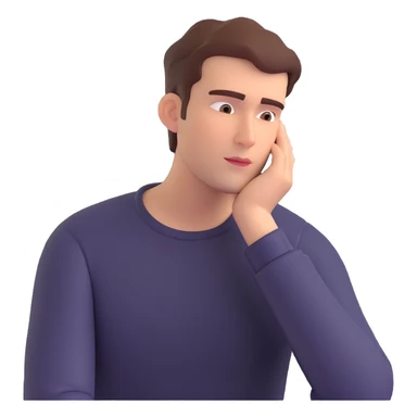 front-facing emoji-style illustration of a pensive man with one hand under his chin, looking off to the side, deep thought and curiosity, neutral or slightly serious expression, clean background sticker