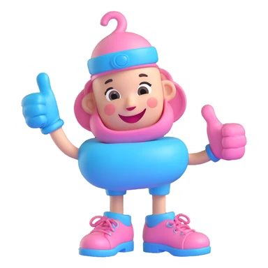3D cartoon pacifier character, adult version, winking and giving a thumbs up, gloved hands, shoes, baby blue and pink color scheme, transparent background. sticker