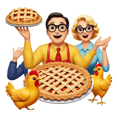 A vintage movie poster-style design featuring a playful, humorous scene with exaggerated characters. Include bright colors, clumsy actions, and classic comedy props like pies, rubber chickens, and oversized glasses. Retro cinematic vibe with a cheerful atmosphere. Transparent background. sticker