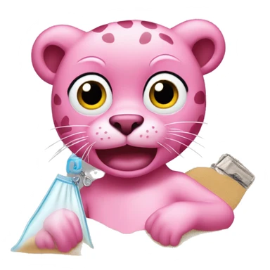 Pink panther holding a clear zip lock bag with sand in it  sticker