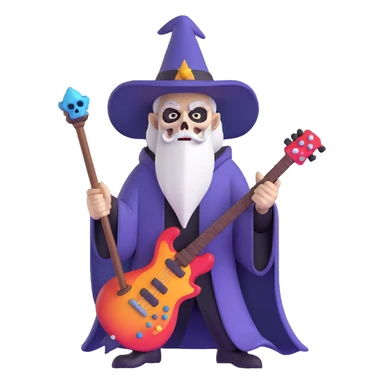 wizard with electric guitar staff, heavy metal, skull decorations sticker